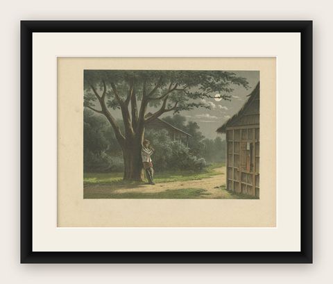 Antique Print of a Native Playing the Flute in Batavia by M.T.H. Perelaer, 1888, shown framed