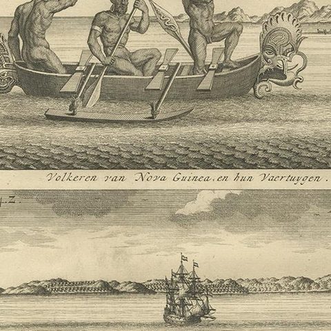Old Print of VOC Ships & Native Fisherman and Coastal Views of New Guinea, 1726, close-up 3