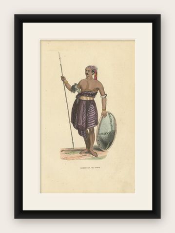 Hand Colored Antique Print of a Warrior of Sawu Island, Indonesia, shown framed