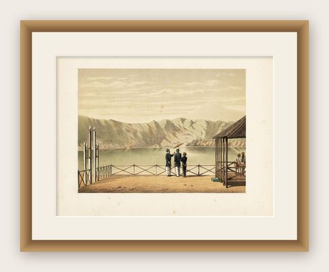 Antique Print of the Crater Lake on Java in Indonesia, 1888, shown framed