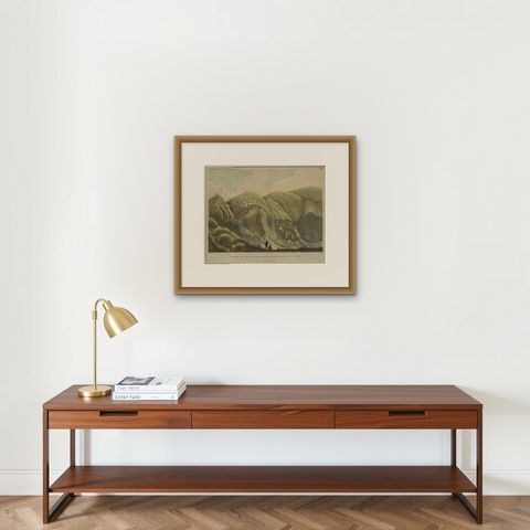 Antique Print with a View of Menado on Celebes 'Indonesia' by C.G.C. Reinwardt, shown framed on a wall, true to size