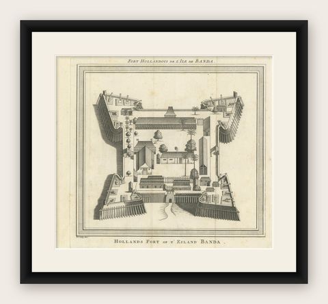 VOC Fort Nassau at Banda of The Spice Islands, Bird’s-eye View Engraving, c.1740, shown framed
