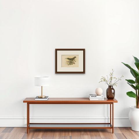 Antique Lithograph of Plain-colored Spiderhunter by Keulemans, Sumatra c.1887, shown framed on a wall, true to size