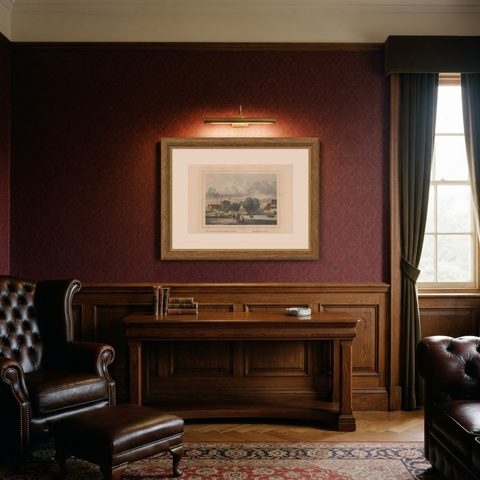 Antique Print of a Loading Dock in Batavia, Dutch East Indies, 1844, shown framed in a room, true to size