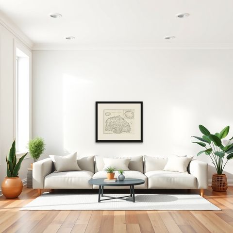 Antique Map of Buru Island, Indonesia, c.1725, shown framed in a room, true to size