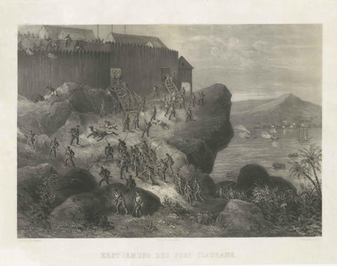 Rare Old Lithograph of the Assault of a Fort in Borneo, Indonesia, ca.1850, view 2