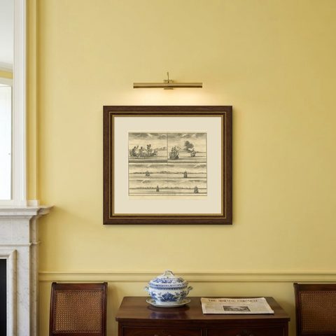 Old Print of VOC Ships & Native Fisherman and Coastal Views of New Guinea, 1726, shown framed on a wall, true to size