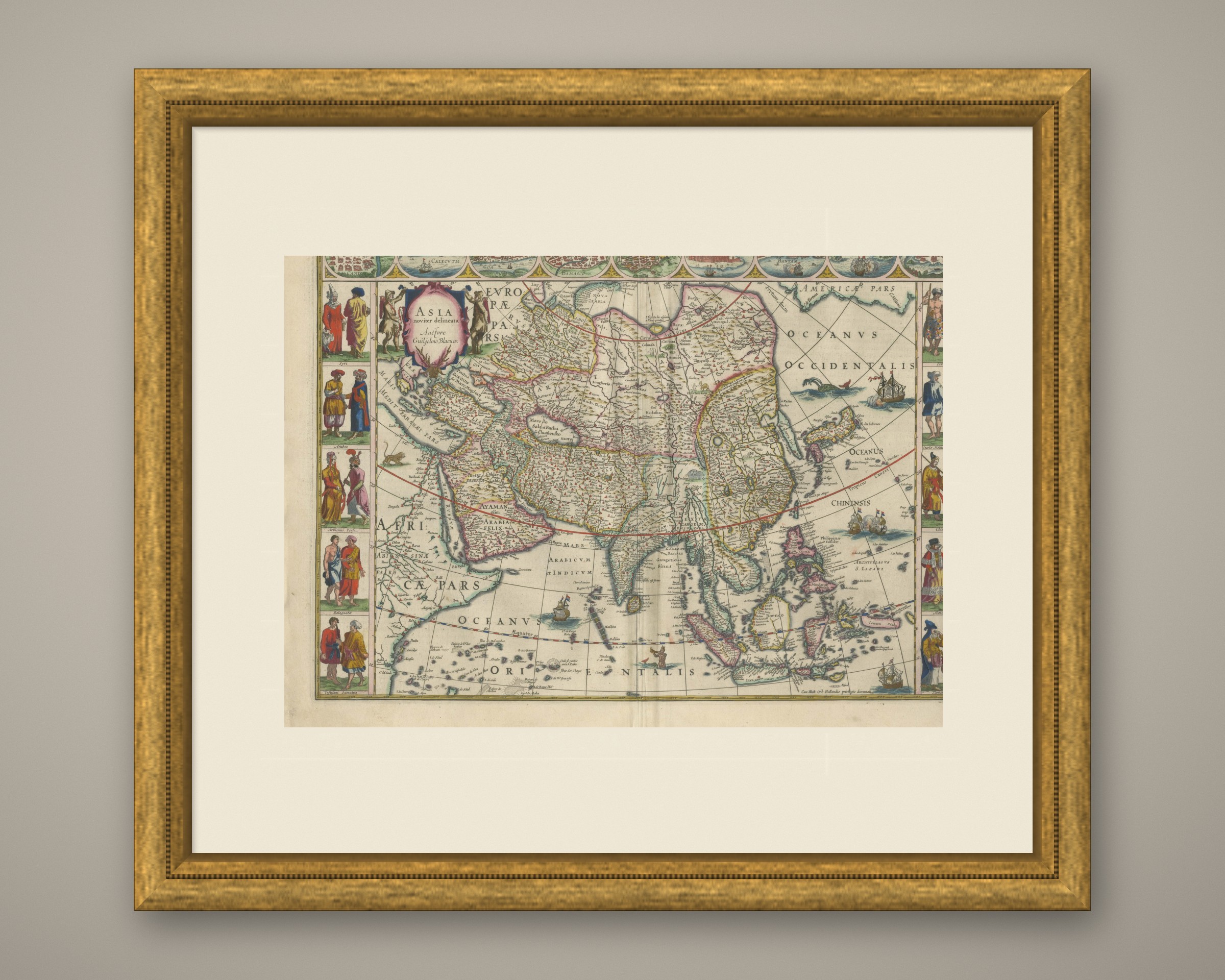 Antique Blaeu Map of Asia, Arabia Felix and the East Indies, 1642, shown framed