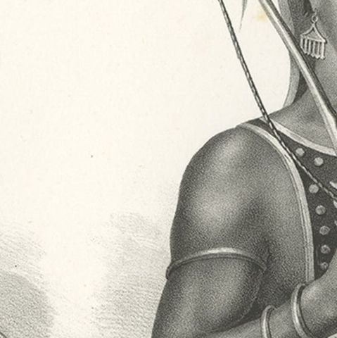 Antique Print of Warriors from Ombai Island, Alor, Archipel, Indonesia, ca.1845, close-up 3