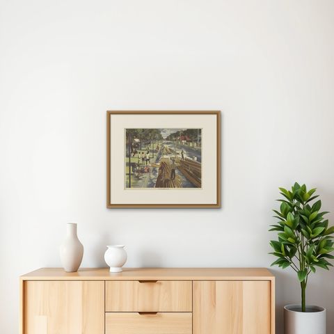 Vintage Poster of Cane and Bamboo Transportation on Java 'c.1960', shown framed on a wall, true to size