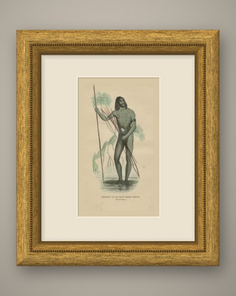 New Guinea Islander of Prinses Marianne Strait, Hand-Colored Print, 1854, shown framed