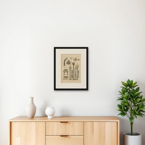 Print with Religious Items from Borneo 'Indonesia' by Temminck, circa 1840, shown framed on a wall, true to size
