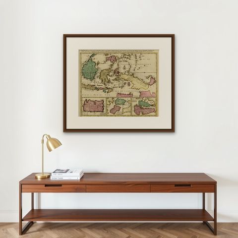 Old Map of Indonesian Islands Borneo, Celebes, New Guinea & New Britain, 1792, shown framed on a wall, true to size