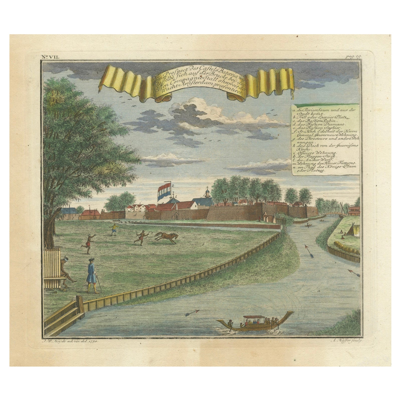 Batavia Castle and Parade Ground, Hand-Colored Engraving by J.W. Heydt, 1738