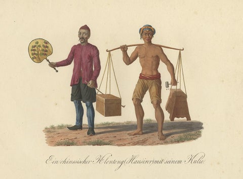 Original Print of a Chinese Peddler and His Day Laborer in Indonesia, ca 1830, view 2