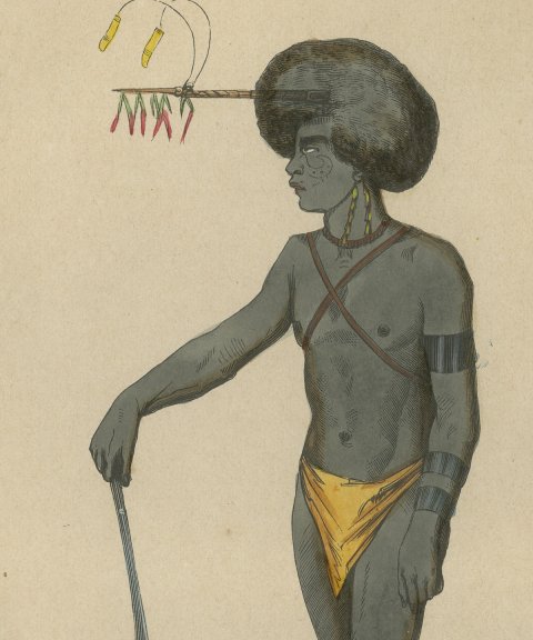 Papuan Man of Dorey Harbor, New Guinea, Antique Hand-Colored Print, 1854, close-up 1