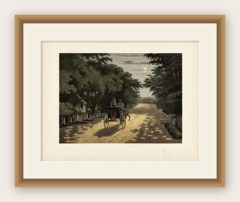 Antique Print of a Carriage Ride in Magelang, Java in Indonesia, 1888, shown framed