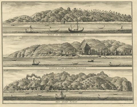Antique Print with Three Views of Ambon by Valentijn, 1726, view 2