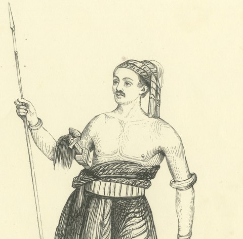 Warrior of the Island of Sawoe, Antique Wahlen Costume Print, 1843-1844, close-up 1