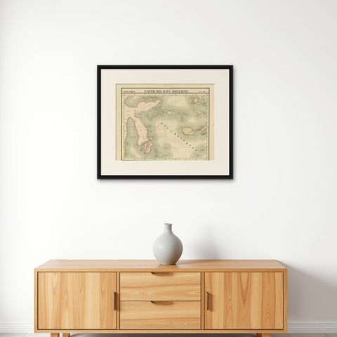 Old Map of the Moluccas and Part of Sulawesi Indonesia by Vandermaelen, c 1825, shown framed on a wall, true to size