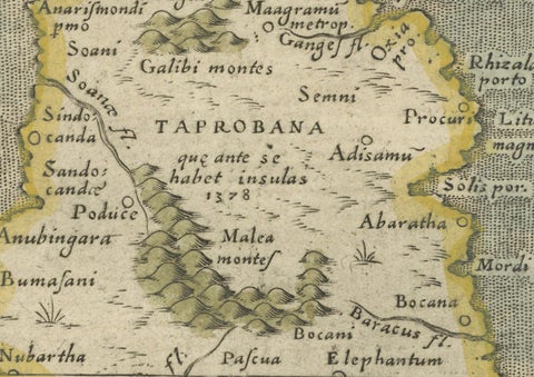 1621 Ptolemy & Magini Map of Taprobana (Sumatra) with Elephant Inset, close-up 5