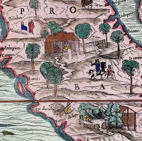 1606 Hand-Colored Woodcut Map of Sumatra from Ramusio’s Delle Navigationi, close-up 5