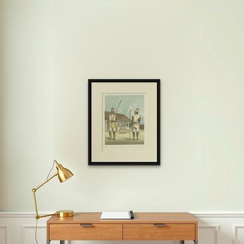 Antique Hand-Colored Print of a Regent in the Dutch East Indies, 1854, shown framed on a wall, true to size