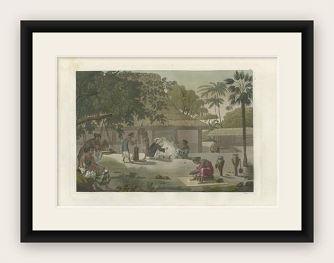 Antique Print of a Domestic Scene in Kupang by Ferrario '1831', shown framed