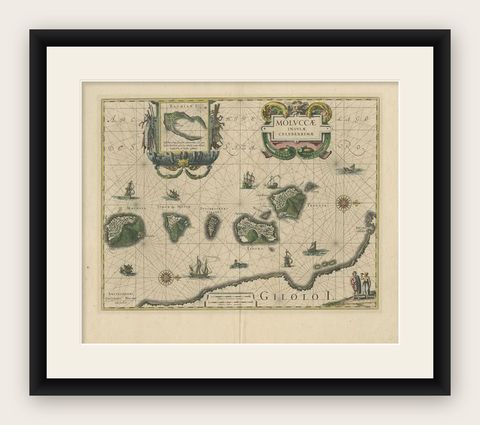 Antique Map of the Maluku Islands by Blaeu, c.1640, shown framed