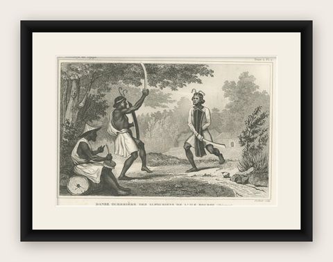Antique Print of Dancing Warriors on Buru Island, Maluku, shown framed