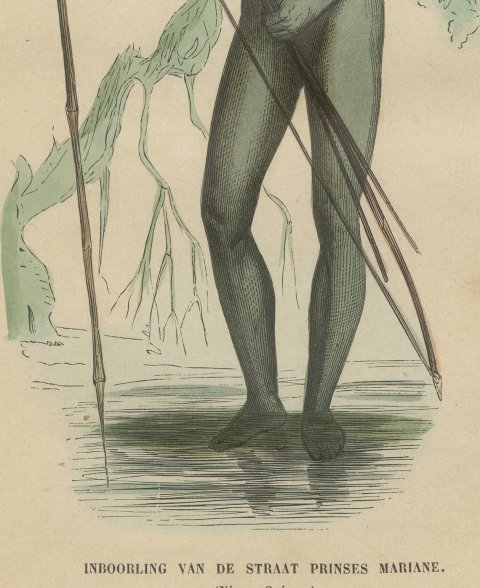 New Guinea Islander of Prinses Marianne Strait, Hand-Colored Print, 1854, close-up 2