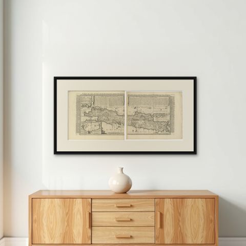 Antique Map of Java 'Indonesia' by Chatelain, 1719, shown framed on a wall, true to size