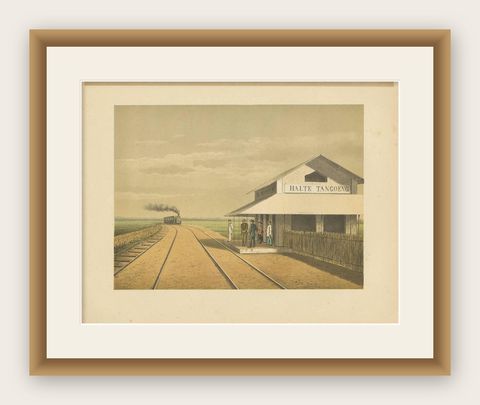 Antique Print of a Train Station in Tanggungharjo by M.T.H. Perelaer, 1888, shown framed