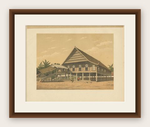 Antique Print of a House in Makassar by M.T.H. Perelaer, 1888, shown framed