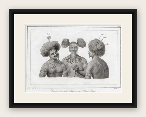 Antique Print of Costumes of Papua Chiefs, 1836, shown framed