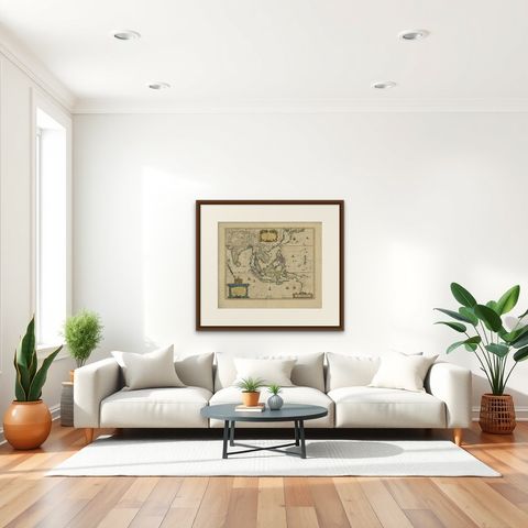 Original Antique Map of the East Indies (Indonesia) by Janssonius, c.1644, shown framed in a room, true to size