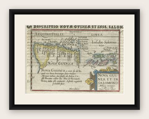 Rare Original Miniature Map of Papua New Guinea and the Salomon Islands, 1600, shown framed
