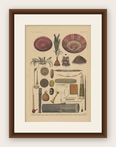 Antique Print with Tools from Borneo 'Indonesia' by Temminck, circa 1840, shown framed