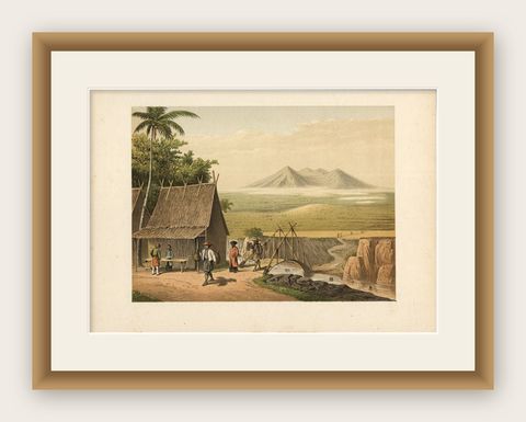 Old Print of the Cipancar River and Pantjar Volcano on Java Island, Indonesia, shown framed