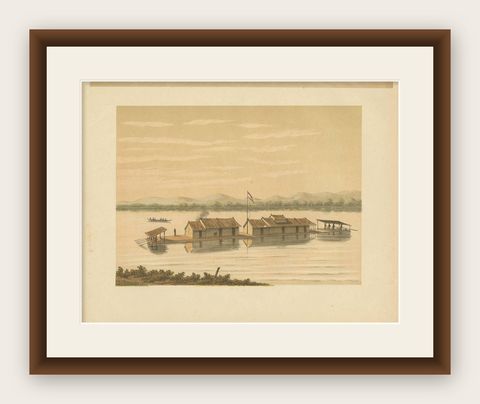Antique Print of a Raft of the Dusun People by M.T.H. Perelaer, 1888, shown framed