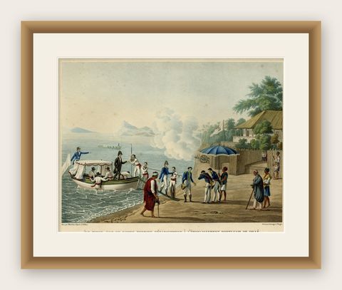 Print of the French Disembark at the Portugese Settlement of Dille, Timor, 1825, shown framed