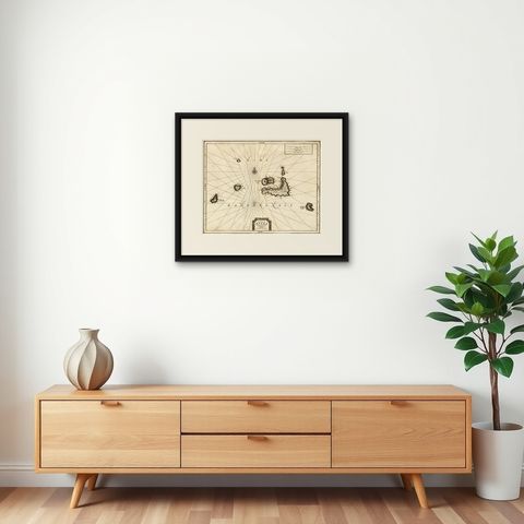 Antique Map of the Islands of Banda, Indonesia from a Very Rare Edition, 1725, shown framed on a wall, true to size
