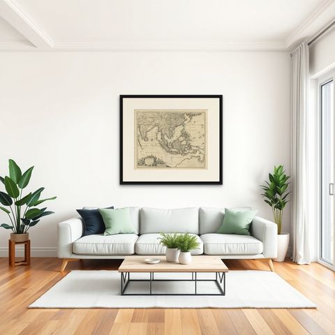 Antique Map of Southeast Asia 'India, Indonesia' by N. Visscher, circa 1670, shown framed in a room, true to size