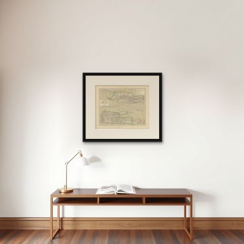 Old Map of Java, Madura & Bali, Dutch East Indies Colonial Cartography, 1884, shown framed on a wall, true to size