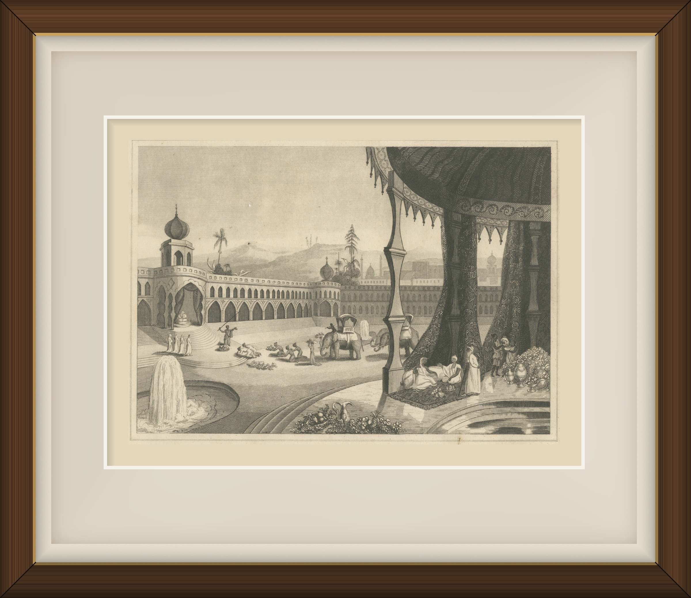 Scene in the East Indies, Offerings to the Great Brahma, Engraving, circa 1820, shown framed