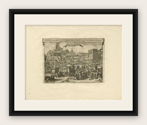 Antique Print of Trade and Merchandise at Bantam, Indonesia by P. Van Der Aa, shown framed