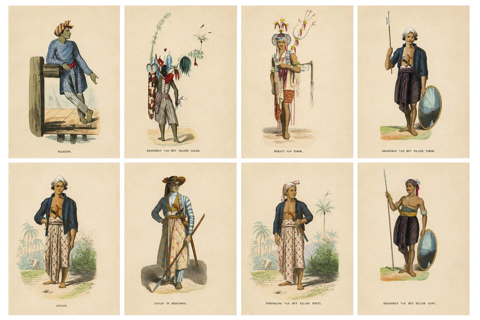 Antique Ethnographic Prints of Indonesia & Timor Islands, Set of 8, 1852
