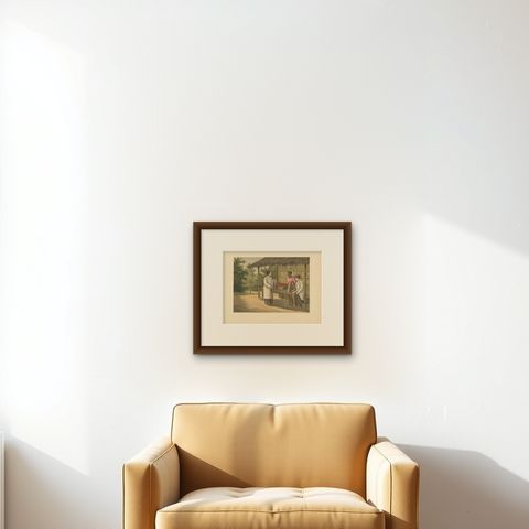 Antique Print of a Native Girl Weaving in Buitenzorg 'Java, Indonesia', shown framed on a wall, true to size