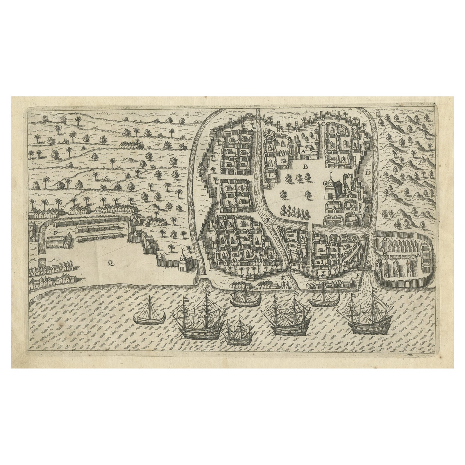 Antique Print of Bantam, Java, Indonesia by De Bry, c.1610