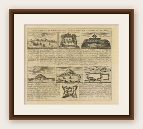 Antique Print of Forts and Views of the East Indies by Chatelain (1719), shown framed